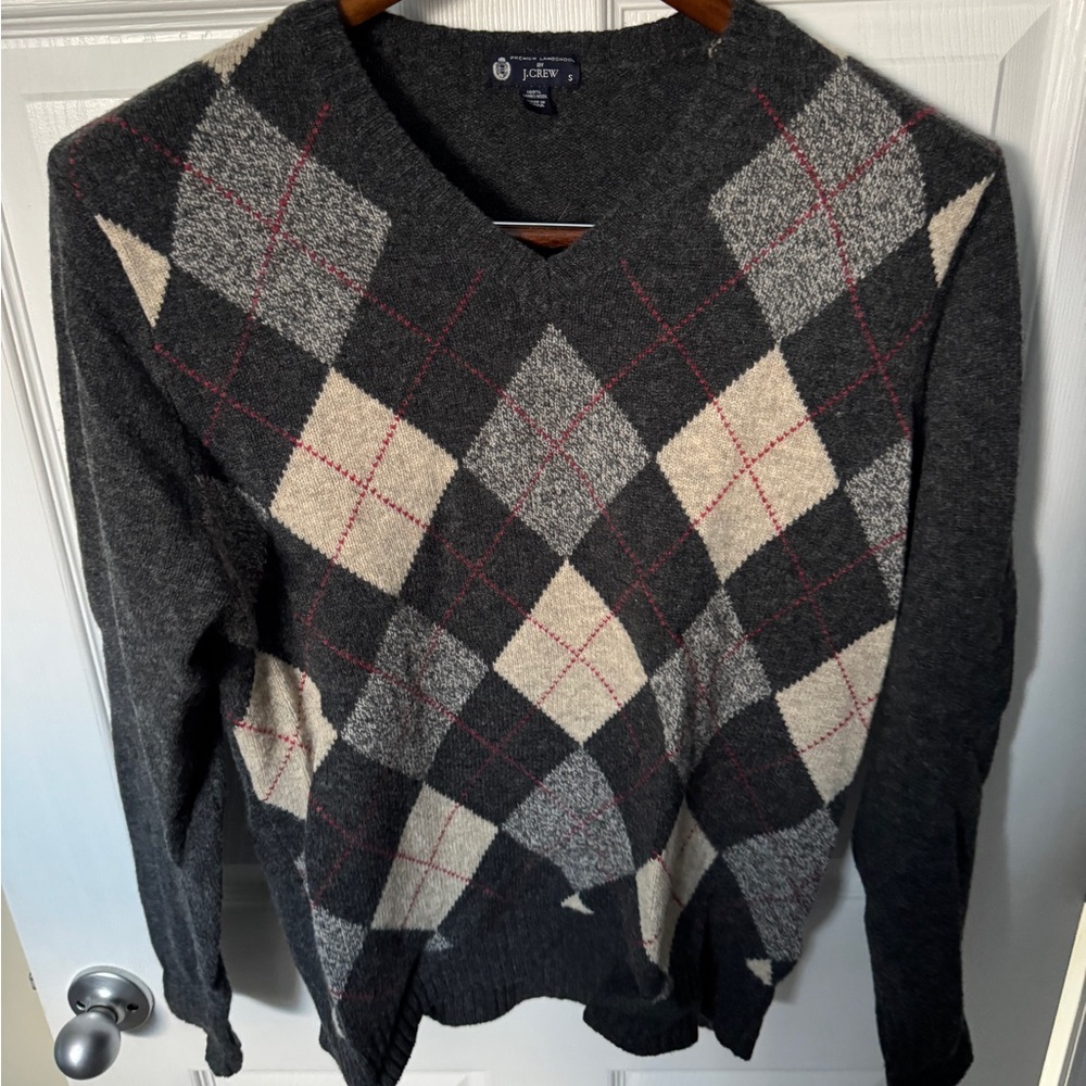 J.Crew Men’s Grey Wool Sweater with Argyle Detail - Size Small - Stylish & Cozy!